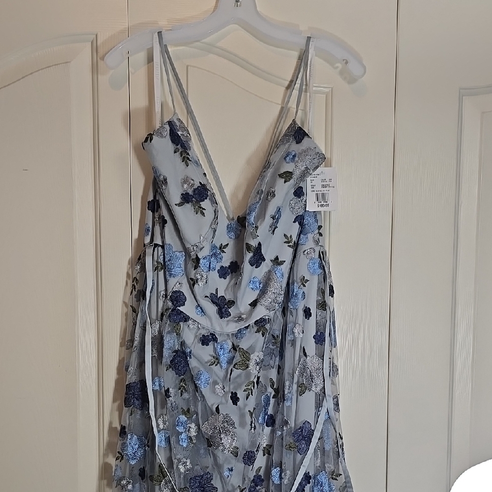 Elegant Gray Dress with Blue Floral Embroidery